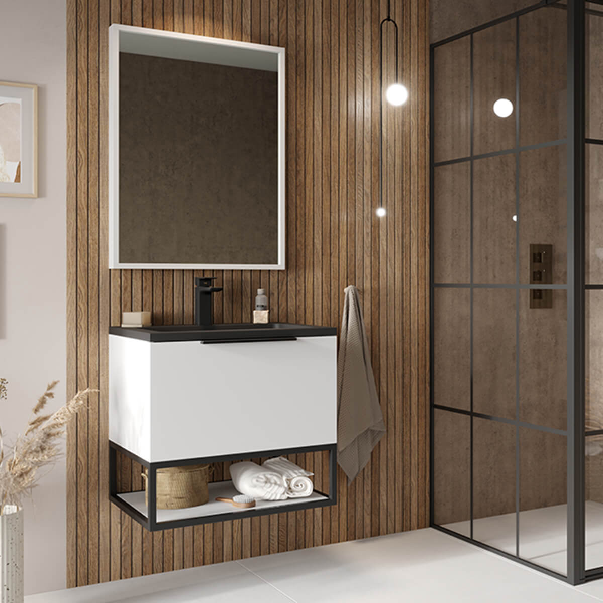 Ambience Black Frame with Dual Colour Shelf - 60x48x20cm - Rustic Oak/Grey Oak/Matt White/ Matt Grey AMBIENCE-FRAME-60X48X20_6