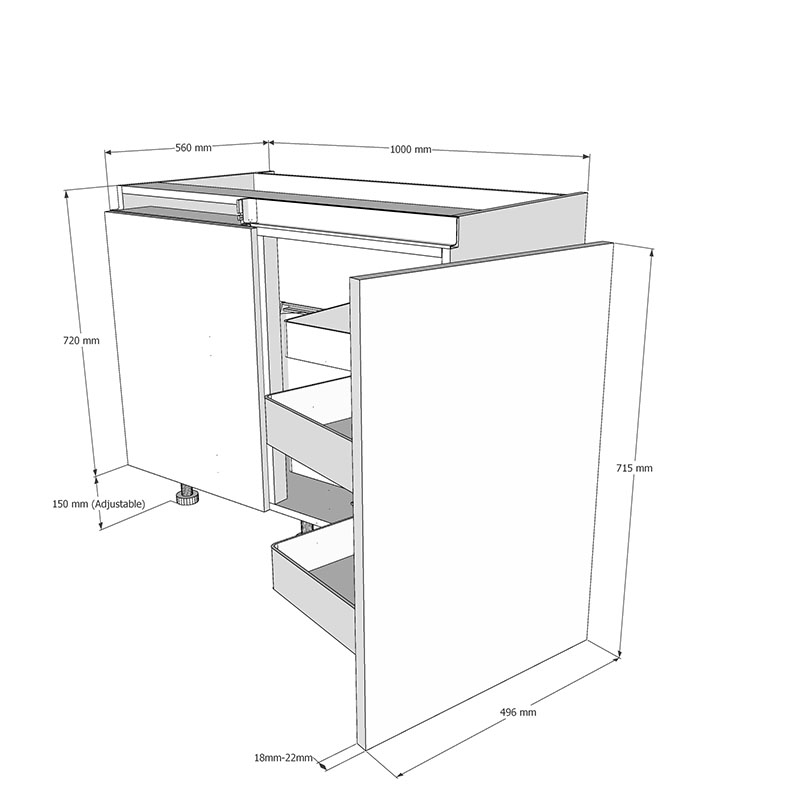 1000mm True Handleless Highline Corner Base Unit - Planero Swing Out Corner - 500mm RH Hand Door Dimensions