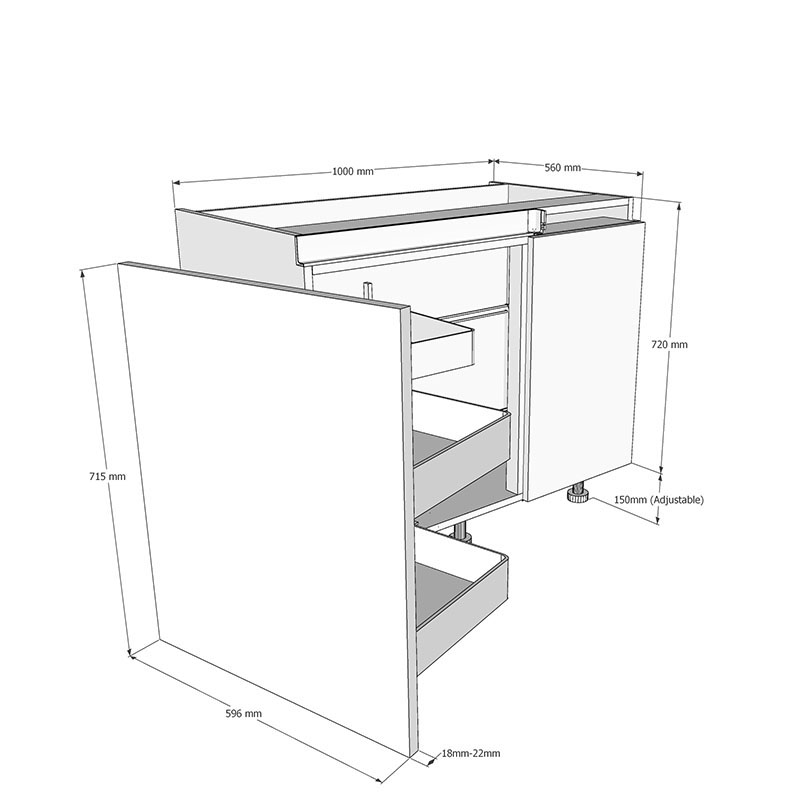 1000mm True Handleless Highline Corner Base Unit - Planero Swing Out Corner - 600mm LH Hand Door Dimensions