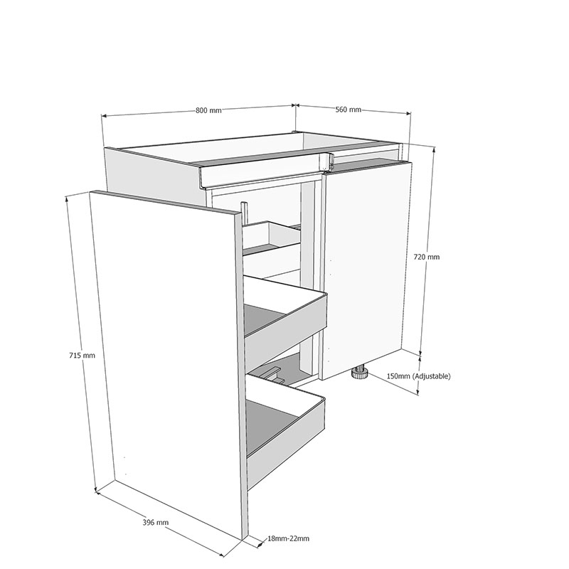 800mm True Handleless Highline Corner Base Unit - Planero Swing Out Corner - 400mm LH Hand Door Dimensions