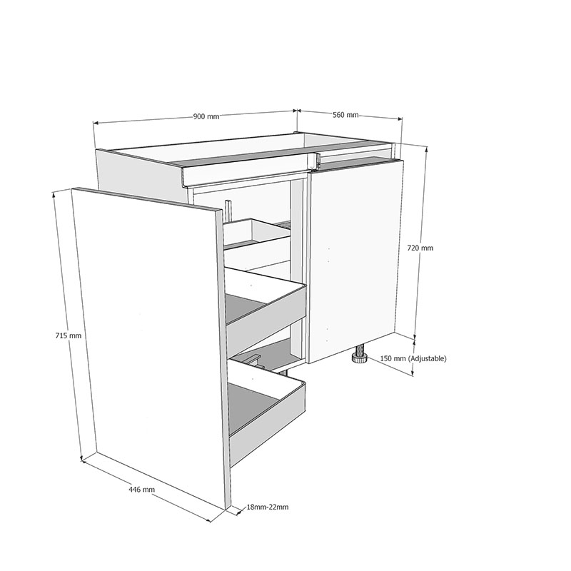 900mm True Handleless Highline Corner Base Unit - Planero Swing Out Corner - 450mm LH Hand Door Dimensions