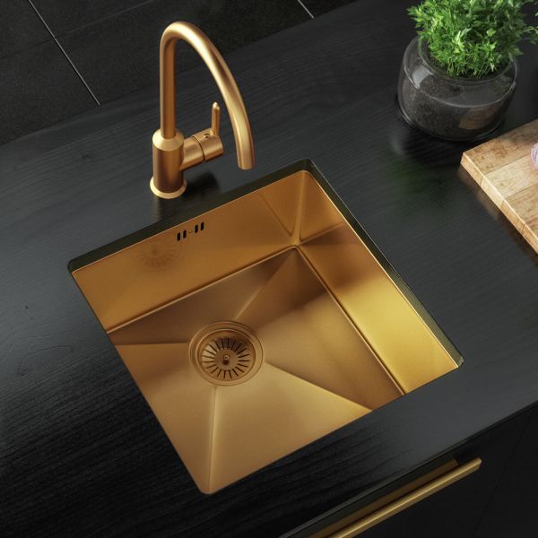 Ellsi Elite Single Bowl Inset/Undermount Stainless Steel Kitchen Sink & Waste - Gold Finish Image 2