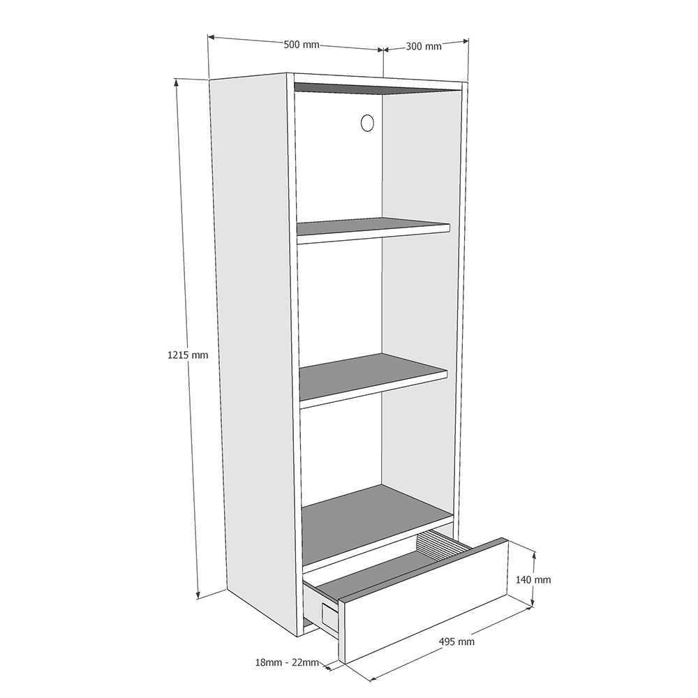 500mm Worktop Open Dresser with 1 x Drawer Unit to suit 25-40mm Worktops (Medium) Dimensions
