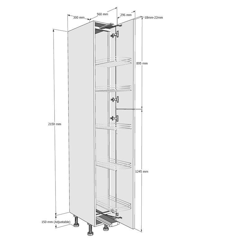 300mm Tall Swing Out Larder Unit - 895mm Top Door (High) Dimensions