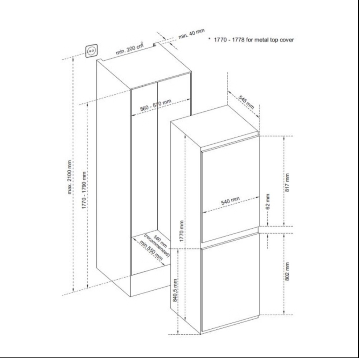 CDA CRI951 50/50 Integrated Fridge Freezer, Frost Free Dimensions