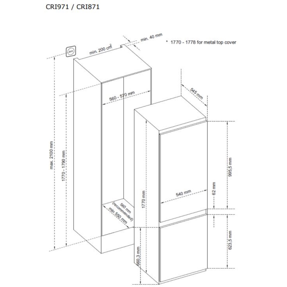 CDA CRI971 70/30 Integrated Fridge Freezer, Frost Free Dimensions