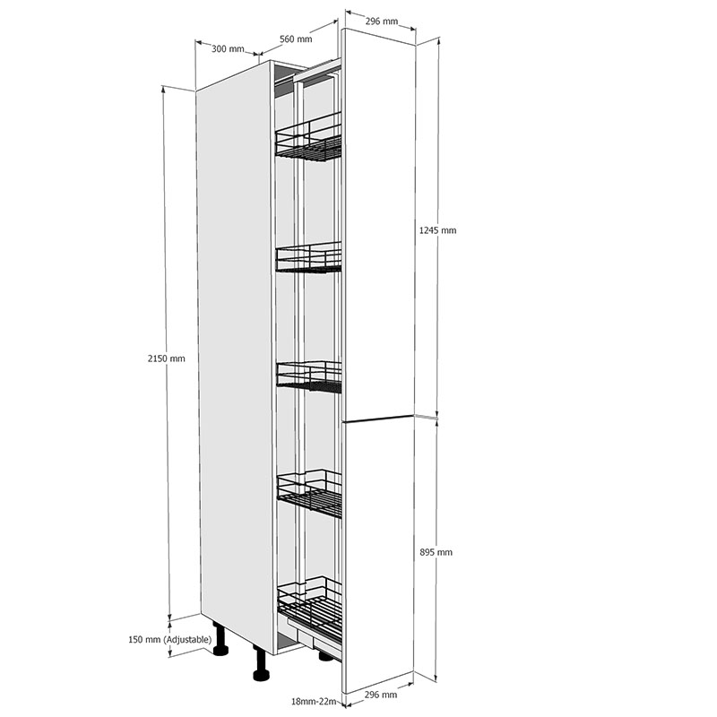 300mm Tall Pull Out Larder Unit - 895mm Lower Door (High) Dimensions