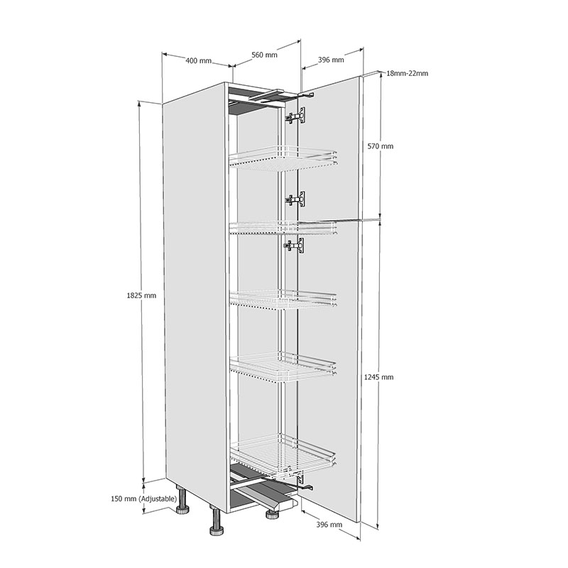 400mm Tall Swing Out Larder Unit (Low) Dimensions