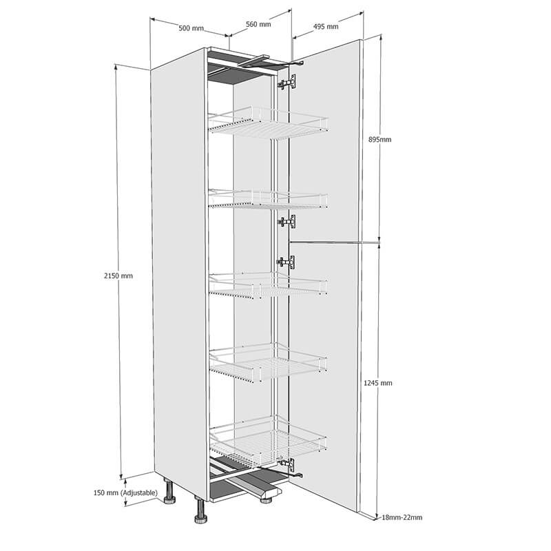 500mm True Handleless Tall Swing Out Larder Unit (895mm Top Door) - Right Hand - (High) Dimensions