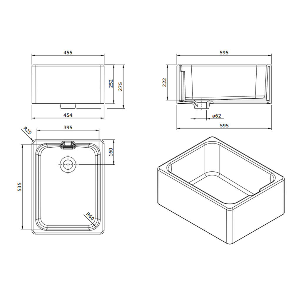 600mm Single Belfast Sink & Varone Copper Tap Pack Sink Dimensions