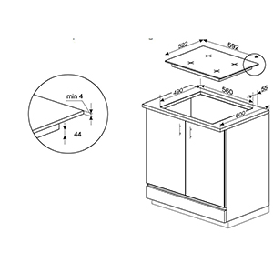 CDA HN6860FR - 4 zone induction hob, single bridge, slim depth, hood connect (CCH60BL)  Dimensions