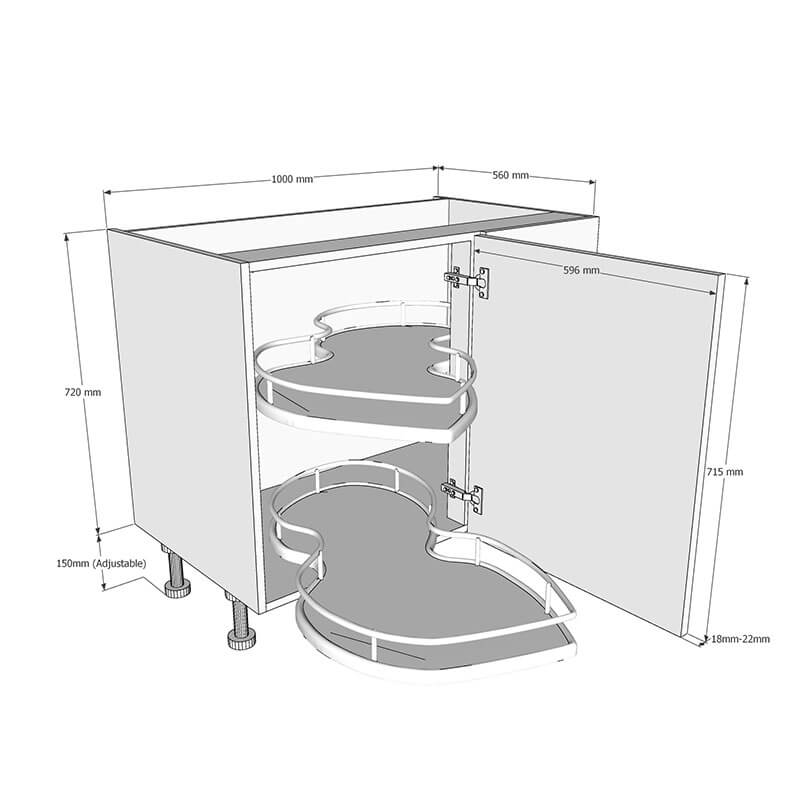 1000mm Highline Corner Base Unit - Corner Pull Out Shelving - 600mm LH Hand Door Dimensions