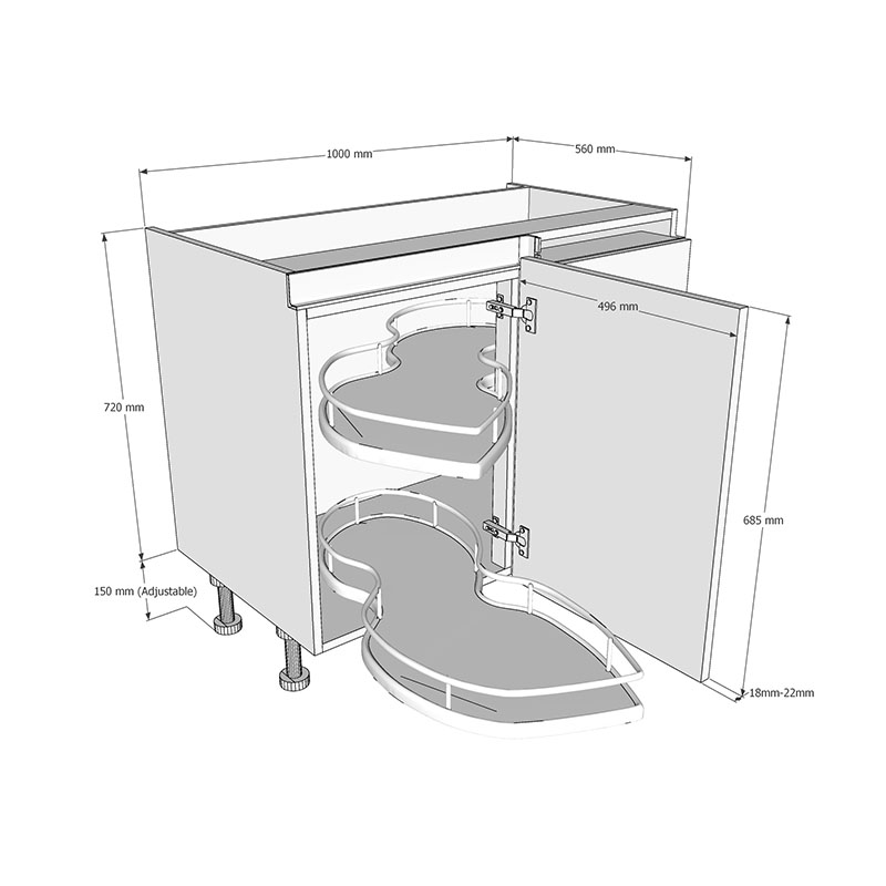 1000mm True Handleless Highline Corner Base Unit - Corner Pull Out Shelving - 500mm LH Hand Door Dimensions
