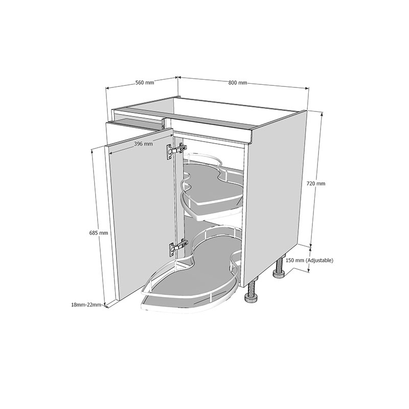 800mm True Handleless Highline Corner Base Unit - Corner Pull Out Shelving - 400mm RH Hand Door Dimensions