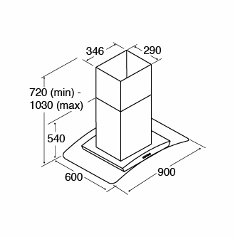 CDA ECPK90SS - 90cm Curved Glass Island Extractor, Stainless Steel Dimensions