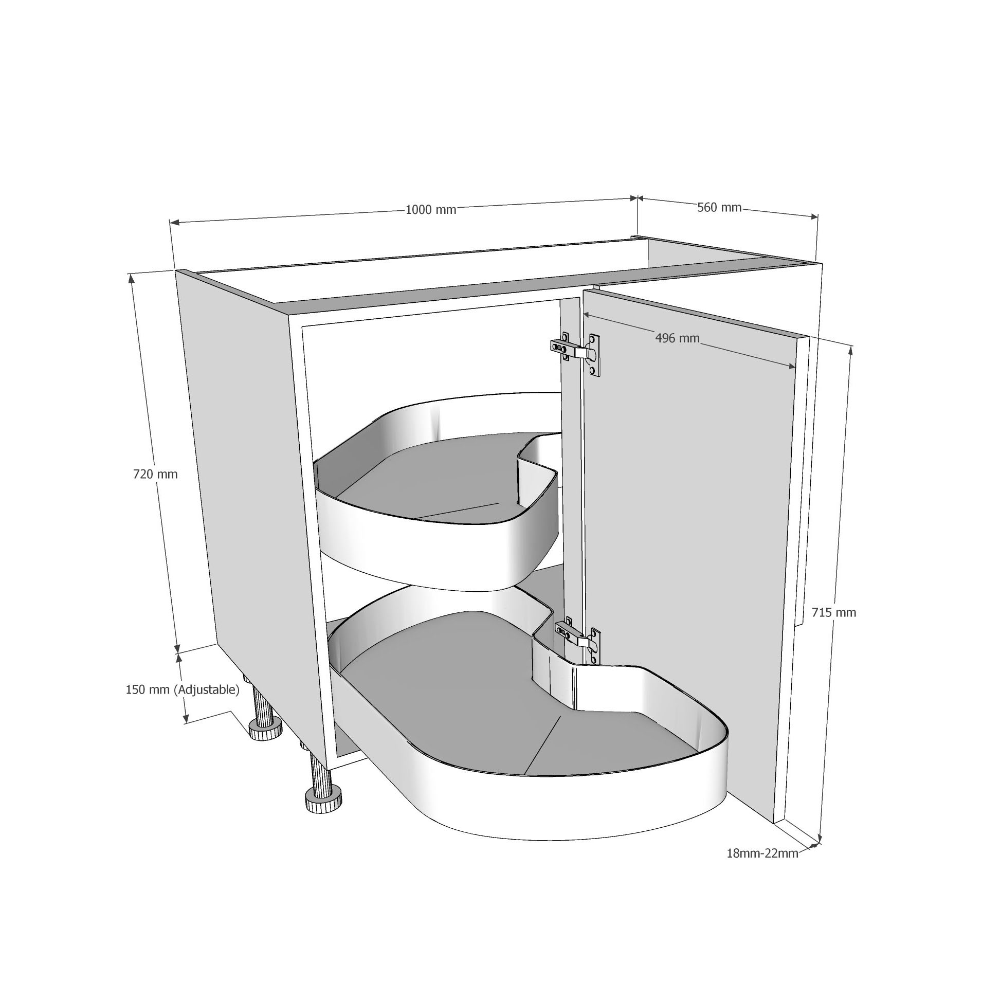 1000mm Highline Corner Base Unit - LAVA Corner Pull Out Shelving - 500mm LH Hand Door Dimensions