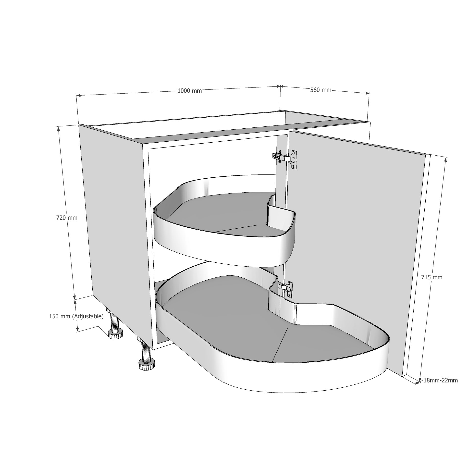 1000mm Highline Corner Base Unit - LAVA Corner Pull Out Shelving - 600mm LH Hand Door Dimensions