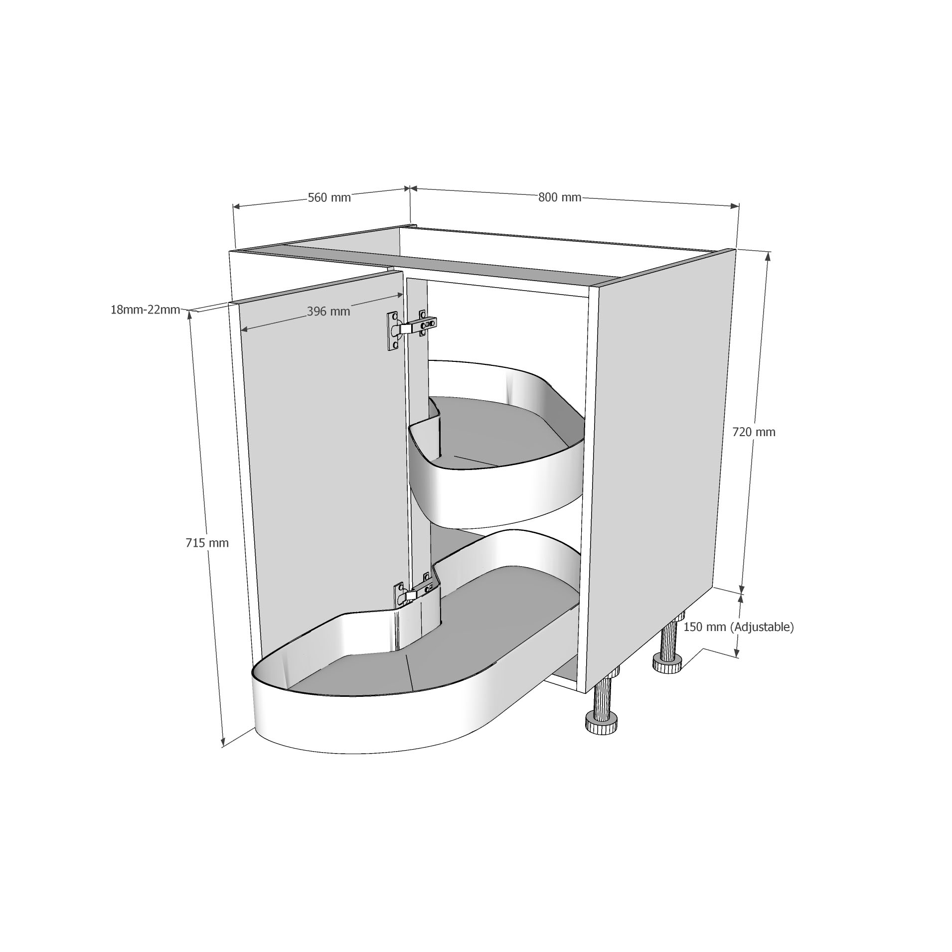 800mm Highline Corner Base Unit - LAVA Corner Pull Out Shelving - 400mm RH Hand Door Dimensions