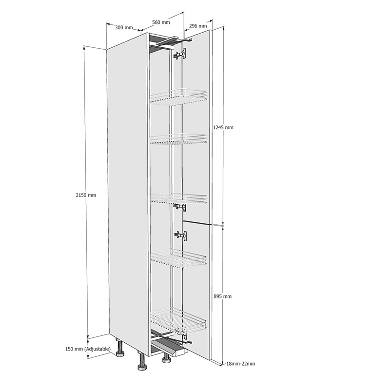 300mm Tall Swing Out Larder Unit - 895mm Lower Door (High) Dimensions