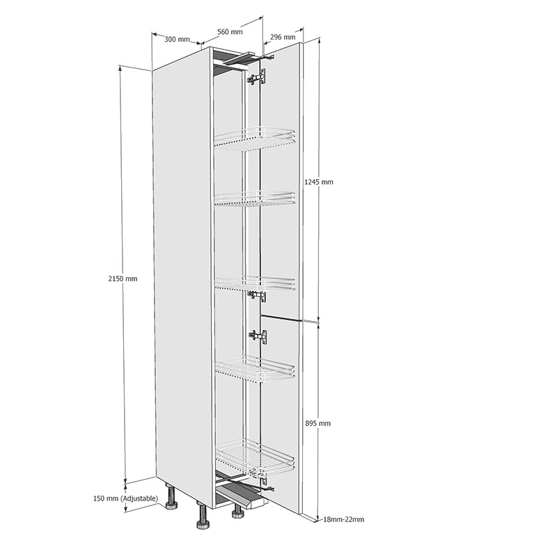 300mm Tall Swing Out Larder Unit - 895mm Lower Door (High) Dimensions