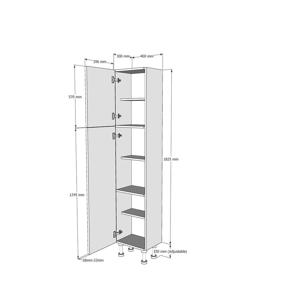 400mm True Handleless Tall Larder Unit - 570mm Top Door - Left Hand (Low) (300mm Deep) Dimensions