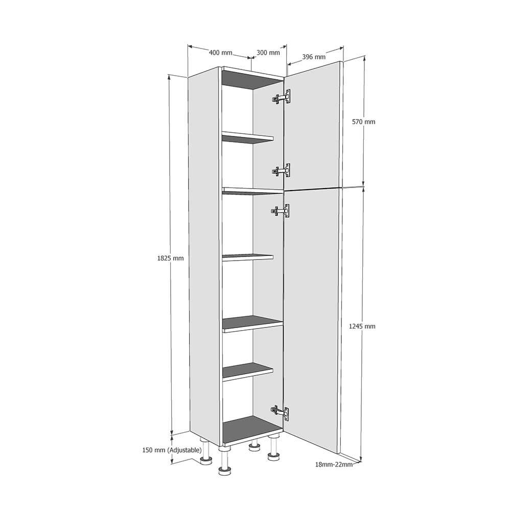 400mm True Handleless Tall Larder Unit - 570mm Top Door - Right Hand (Low) (300mm Deep) Dimensions