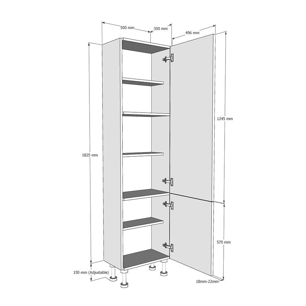 500mm True Handleless Tall Larder Unit - 570mm Lower Door - Right Hand (Low) (300mm Deep) Dimensions