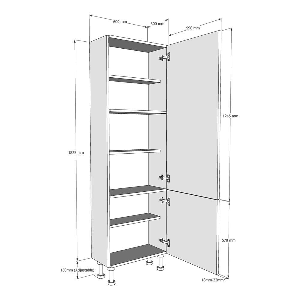 600mm True Handleless Tall Larder Unit - 570mm Lower Door - Right Hand (Low) (300mm Deep) Dimensions