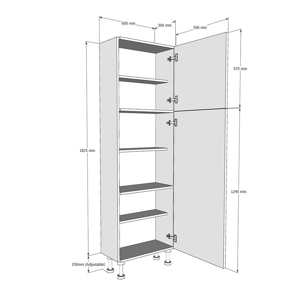 600mm True Handleless Tall Larder Unit - 570mm Top Door - Right Hand (Low) (300mm Deep) Dimensions
