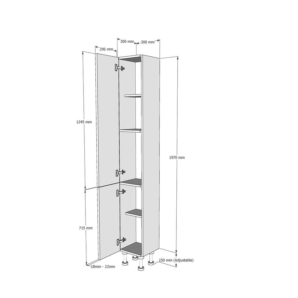 300mm True Handleless Tall Larder Unit - 715mm Lower Door - Left Hand (Medium) (300mm Deep) Dimensions