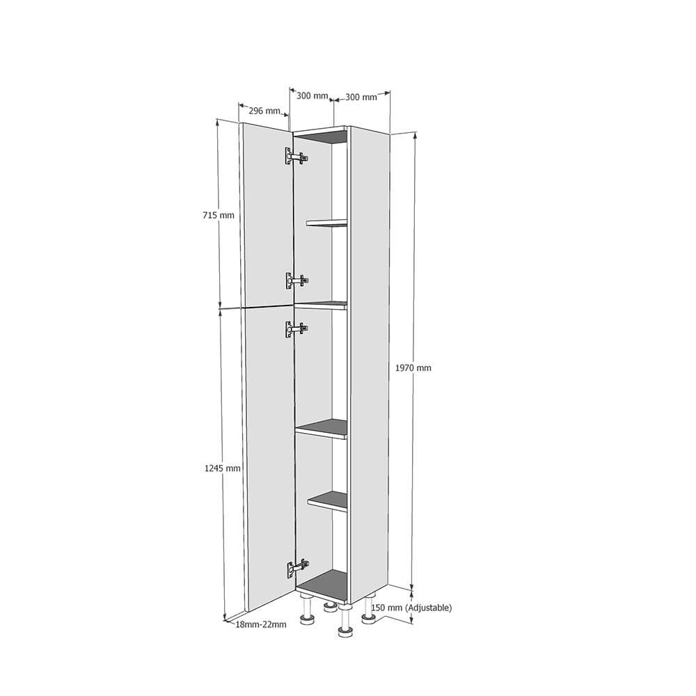 300mm True Handleless Tall Larder Unit - 715mm Top Door - Left Hand (Medium) (300mm Deep) Dimensions