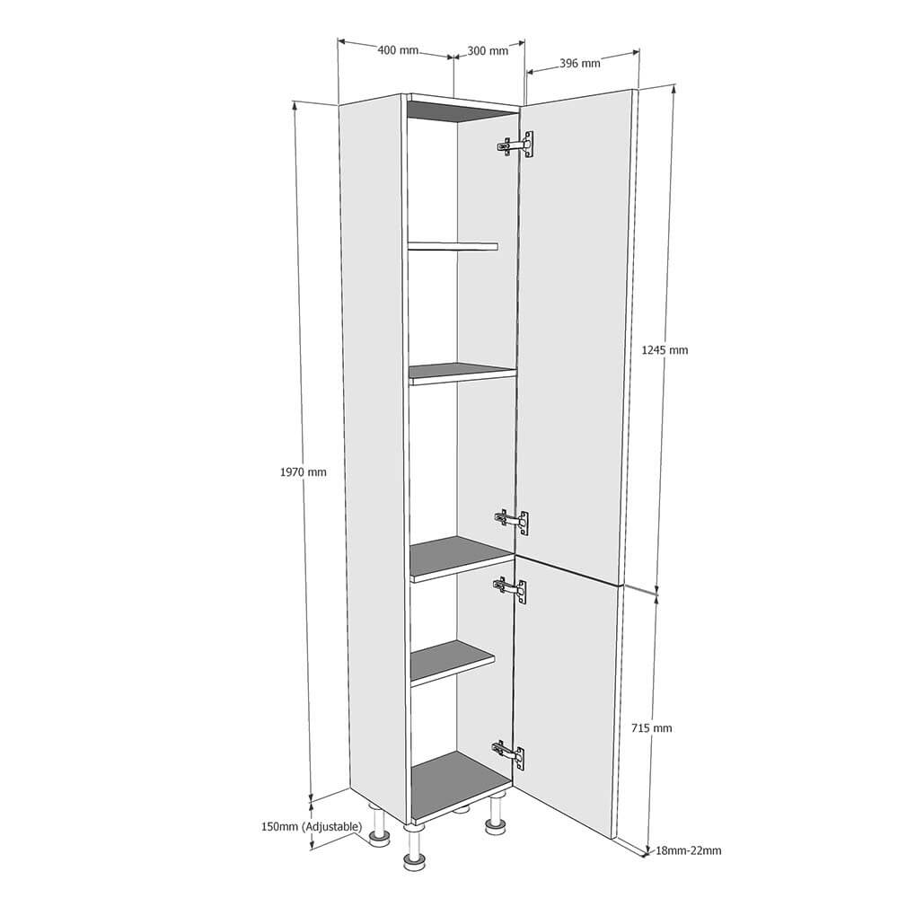 400mm True Handleless Tall Larder Unit - 715mm Lower Door - Right Hand (Medium) (300mm Deep) Dimensions