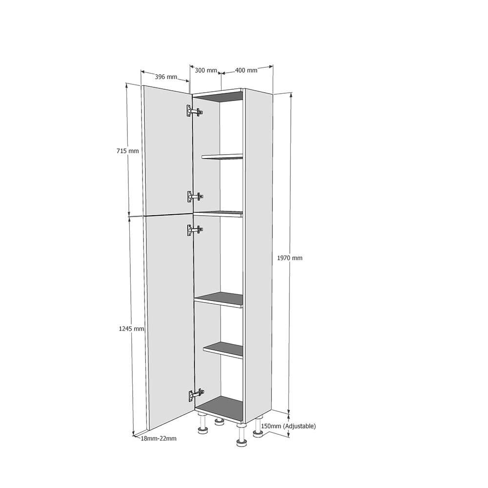 400mm True Handleless Tall Larder Unit - 715mm Top Door - Left Hand (Medium) (300mm Deep) Dimensions
