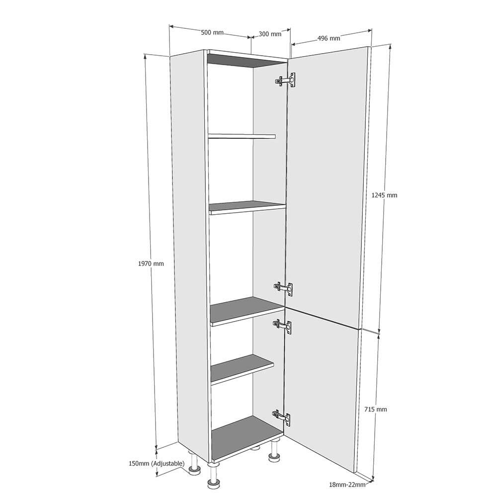 500mm True Handleless Tall Larder Unit - 715mm Lower Door - Right Hand (Medium) (300mm Deep) Dimensions