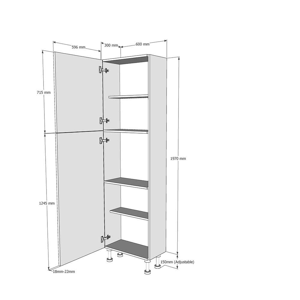600mm True Handleless Tall Larder Unit - 715mm Top Door - Left Hand (Medium) (300mm Deep) Dimensions
