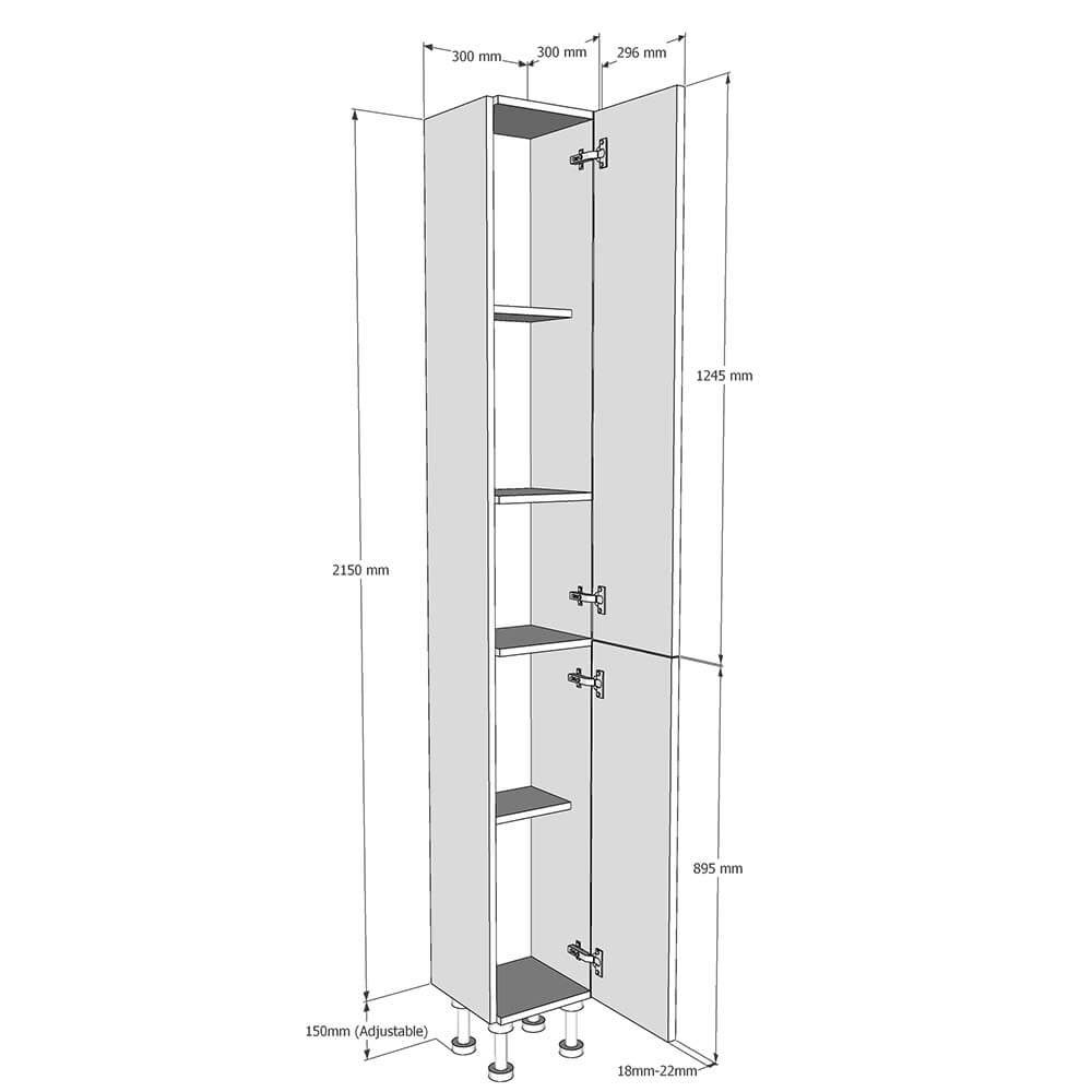 300mm True Handleless Tall Larder Unit - 895mm Lower Door - Right Hand (High) (300mm Deep) Dimensions