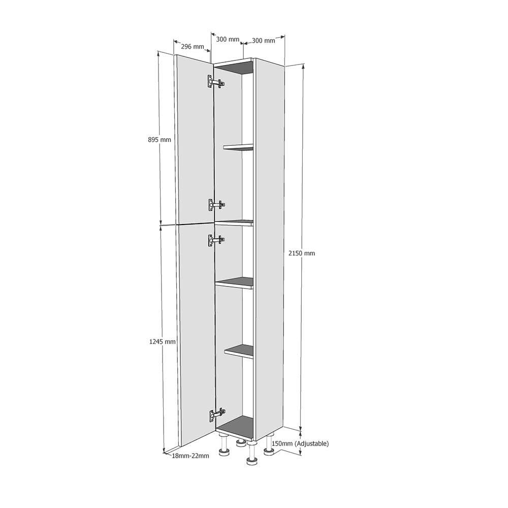300mm True Handleless Tall Larder Unit - 895mm Top Door - Left Hand (High) (300mm Deep) Dimensions