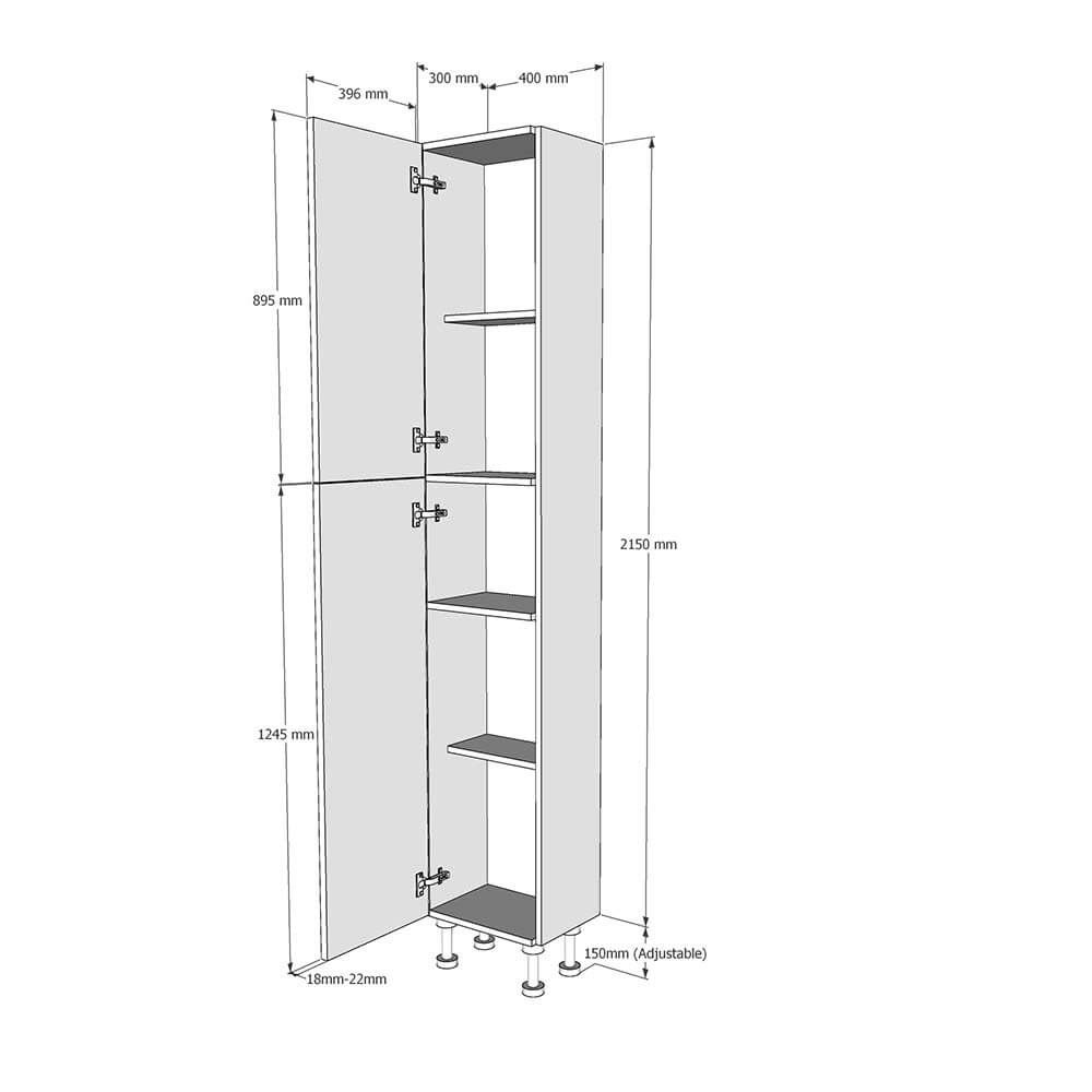 400mm True Handleless Tall Larder Unit - 895mm Top Door - Left Hand (High) (300mm Deep) Dimensions
