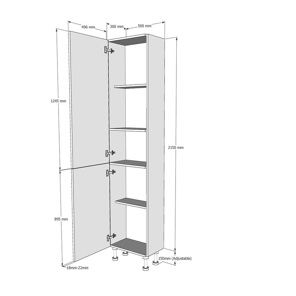 500mm True Handleless Tall Larder Unit - 895mm Lower Door - Left Hand (High) (300mm Deep) Dimensions