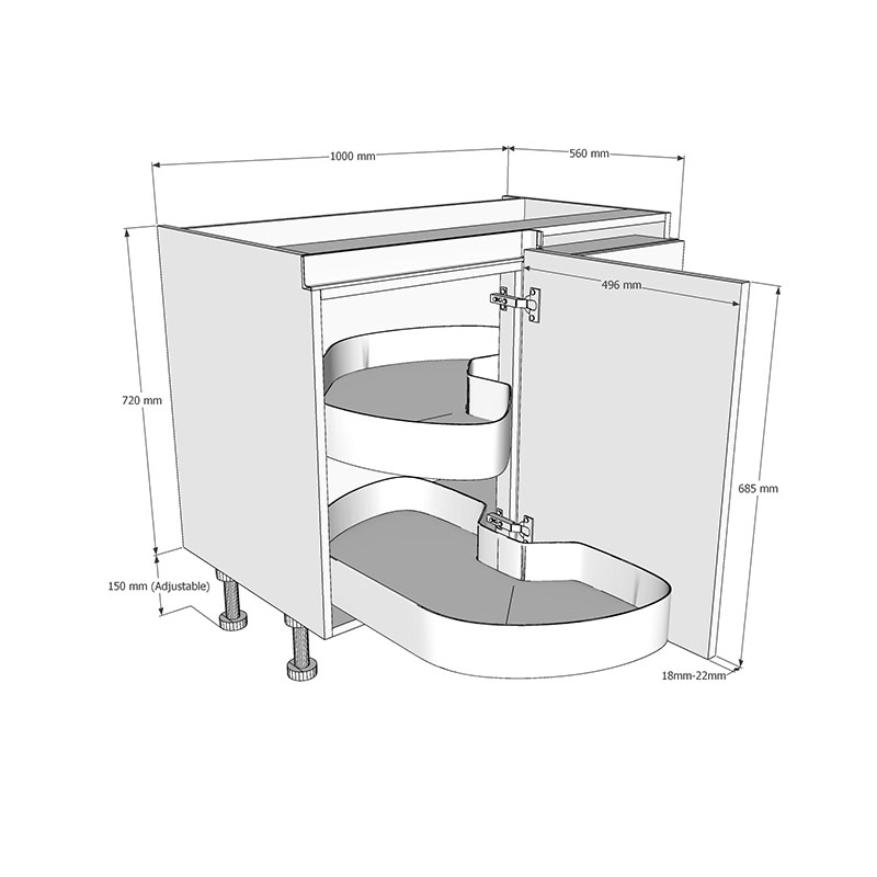 1000mm True Handleless Highline Corner Base Unit - LAVA Corner Pull Out Shelving - 500mm LH Hand Door Dimensions