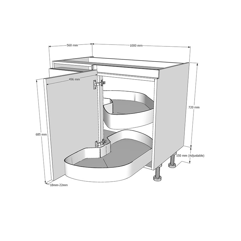 1000mm True Handleless Highline Corner Base Unit - LAVA Corner Pull Out Shelving - 500mm RH Hand Door Dimensions