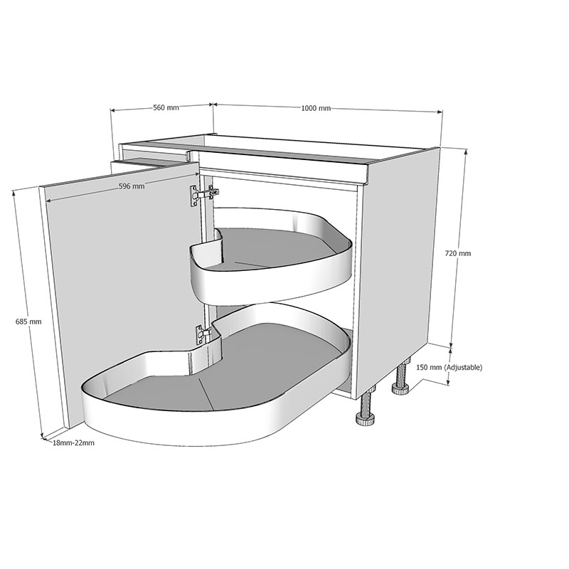 1000mm True Handleless Highline Corner Base Unit - LAVA Corner Pull Out Shelving - 600mm RH Hand Door Dimensions