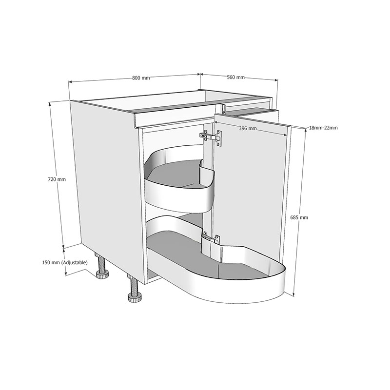 800mm True Handleless Highline Corner Base Unit - LAVA Corner Pull Out Shelving - 400mm LH Hand Door Dimensions