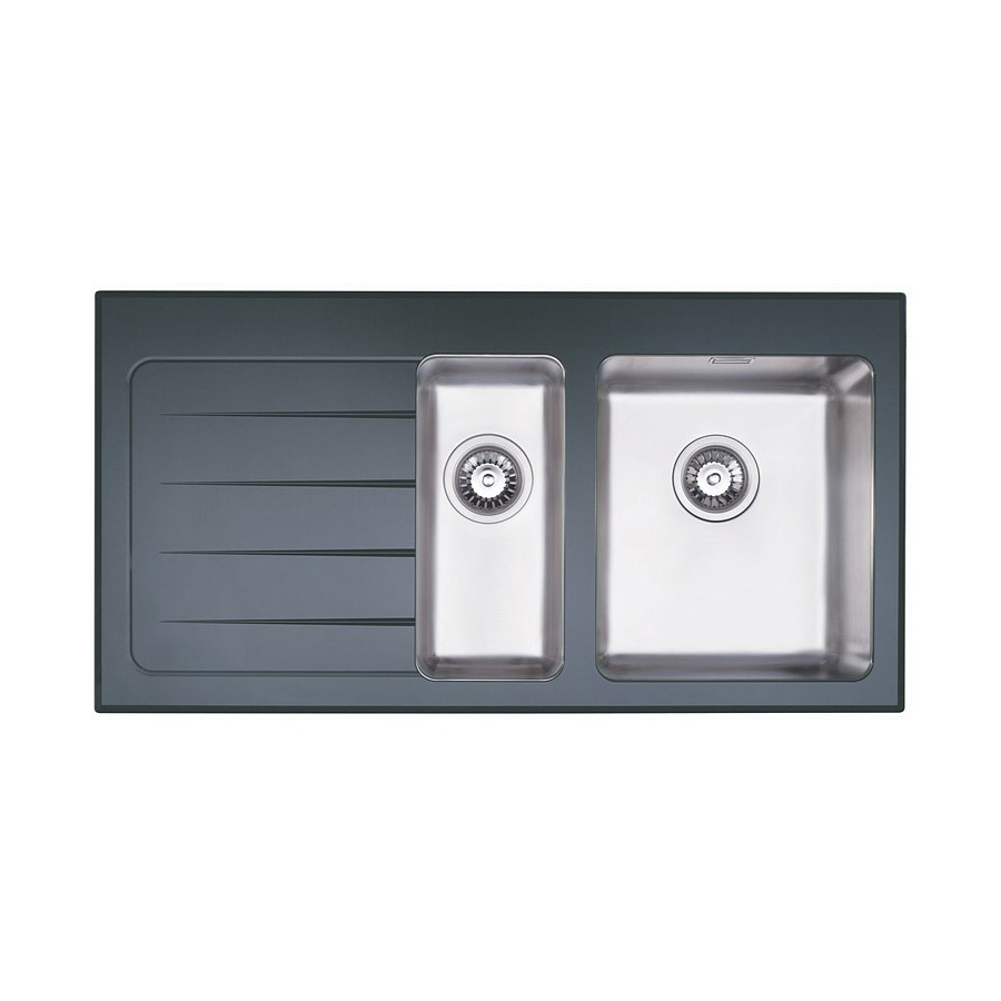 Dane 1.5 bowl Brushed Steel and Black Glass Inset Sink - LH Drainer