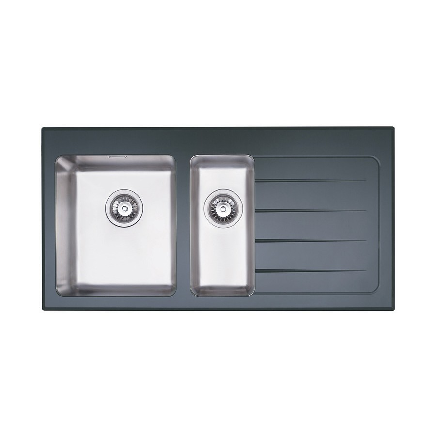 Dane 1.5 bowl Brushed Steel and Black Glass Inset Sink - RH Drainer