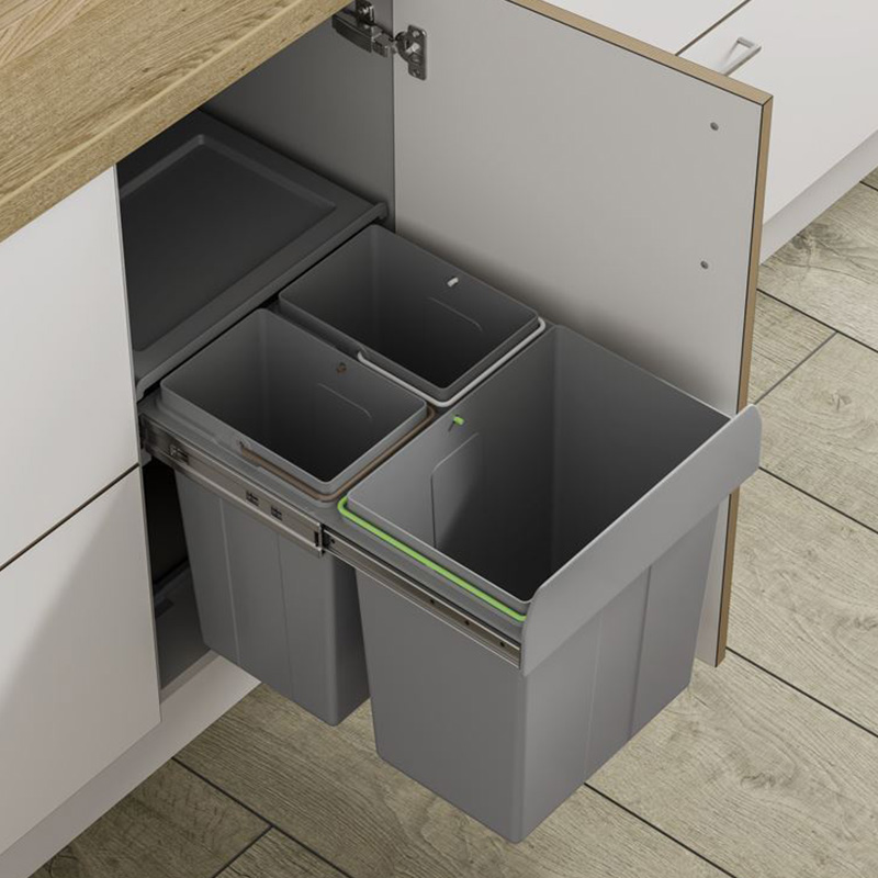 Base Mounted Pull-Out Waste Bin - 2 x 10 & 1 x 20 Litre - 400mm Wide