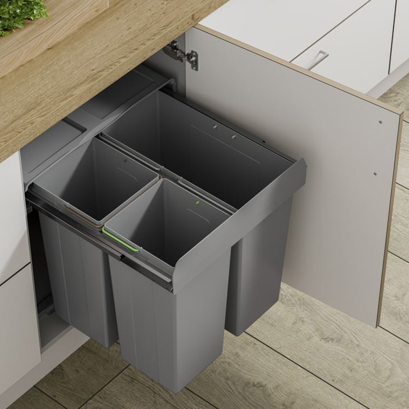 Base Mounted Pull-Out Waste Bin - 2 x 17 & 1 x 34 Litre - Soft Close - 600mm Wide