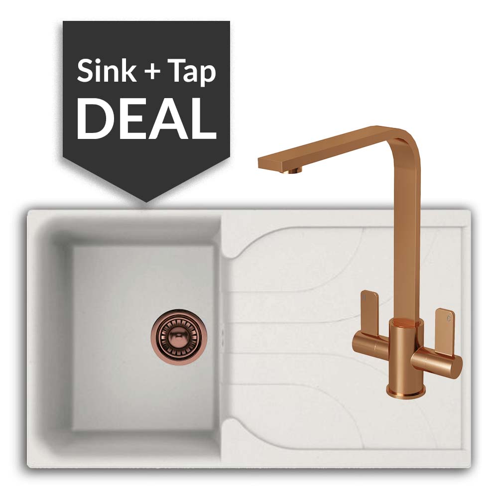 Quartz White Small Single Bowl Sink & Mesa Copper Tap Pack | Better ...