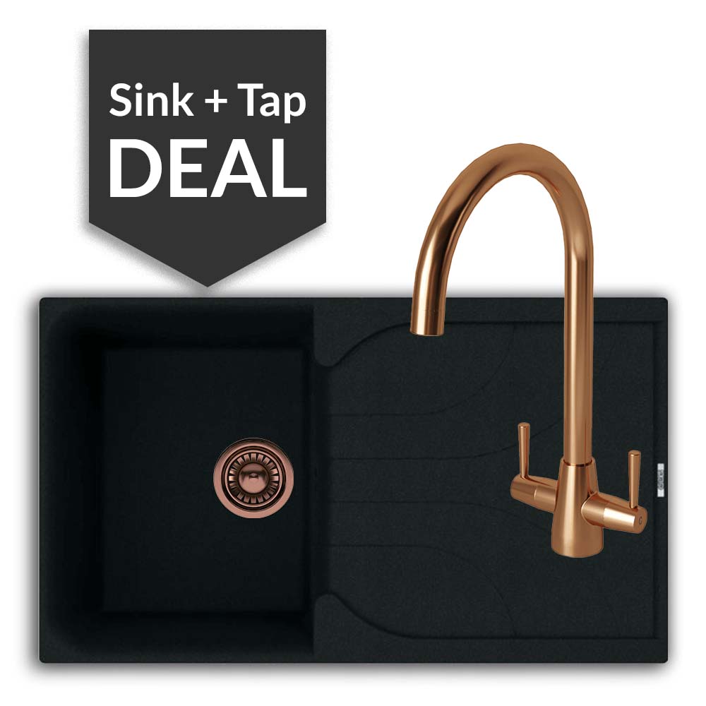 Quartz Black Small Single Bowl Sink & Cascade Copper Tap Pack