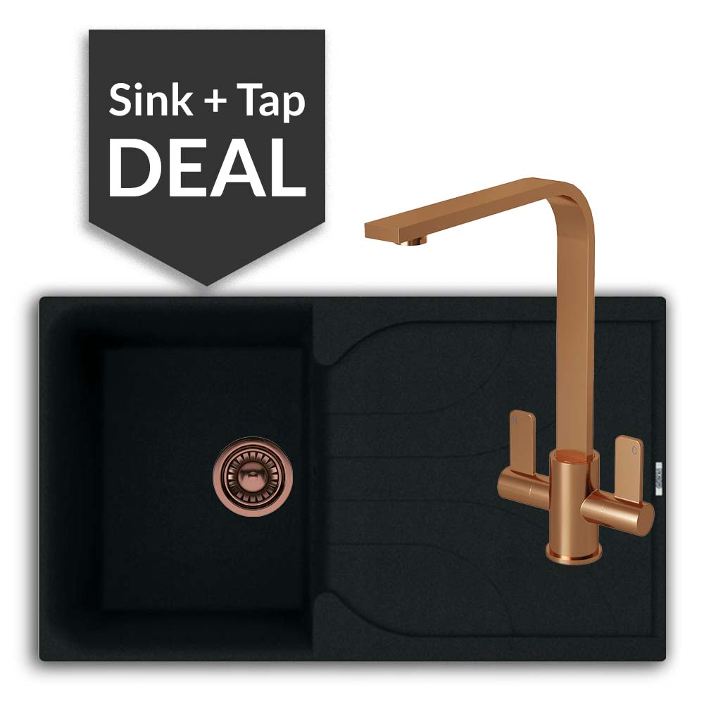Quartz Black Small Single Bowl Sink & Mesa Copper Tap Pack